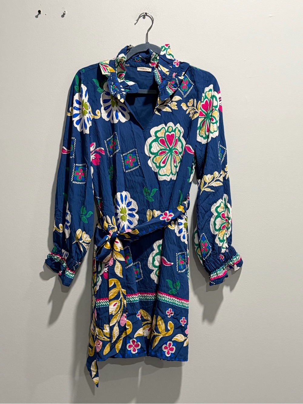 Jodifl Navy Floral Belted Shirt Dress with ruffle collar